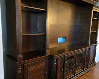 Large Flatscreen TV Component Cabinet with bookcase and lighted display shelves bid #9