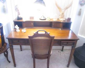 Table-Top Desk By Hammary, 48" X 24" X 36" Height. Cane-Back Desk Chair