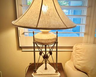 Pair of Maitland Smith neoclassical travertine & metal table lamps
