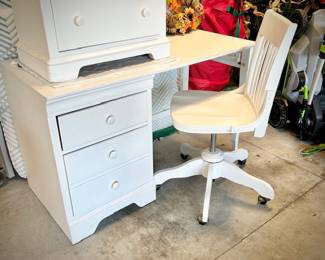 White desk, desk chair, and nightstand