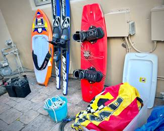 Water skis, knee board, and wakeboard