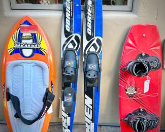 Water skis, knee board, and wakeboard