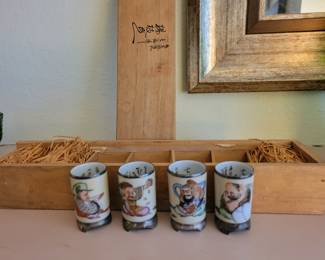 Vintage Japanese Kutani ware sake cups 7 Pieces Hand Painted, 3 still in original packaging. Comes with original box.