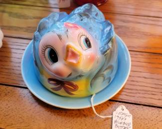 Vintage Lefton Bluebird Butter Dish Cover Plate Blue Pink Flowers Yellow Breast Pink Face Yellow Beak 