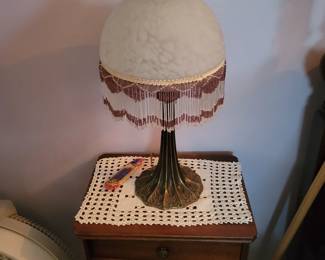Victorian Boudoir Lamp Frosted Glass Dome Shade Glass Beaded  Fringe