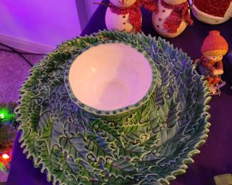 1960’s Ceramic Holly Berry Leaves Chip & Dip Set Christmas Holiday Party Set Holly Platter
