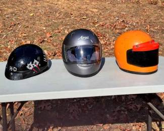 (3) Motorcycle Helmets
Harley Davidson helmet is size - XL. Has a missing screw for the front visor as seen in photos. 
