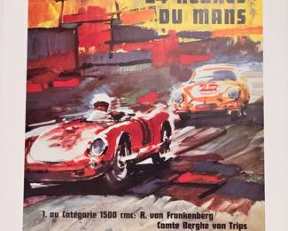 Porsche 1950-1956 Victories Signed And Numbered Print
Heures du Mans. Poster in German. Porsche victories for categories of 24 cars 1500cc (victories par categories aux 24 heures). Avec huile du mateur LABO. Signed Erich Strenger. Numbered ^69/250
A tiny fold on the top left corner as seen in photos. 
