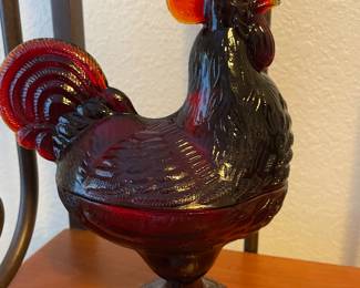 Ruby Red Amberina glass rooster covered dish