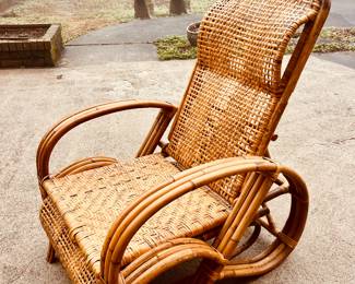 Vintage Boho Bentwood Adjustable Reclining Rattan Cane Chaise Lounge Chair
