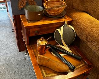 Vintage end tables (matching), misc vintage/ reenactment props, etc.