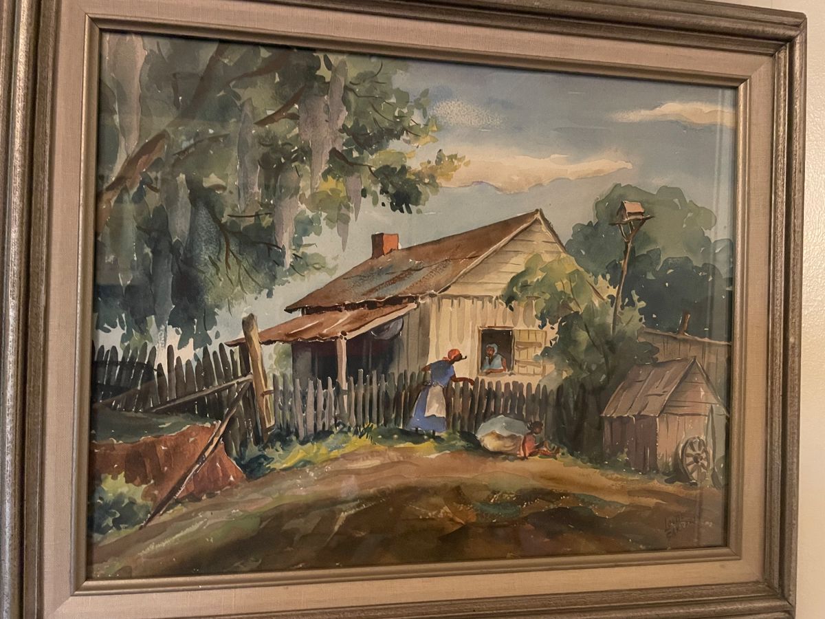 Incredible original watercolor by renowned Louisiana artist Louise Angelique Sarrazin (Louisiana, California, 1888 - 1967). Framed 22.5” x 18.5” Louise Sarazin was an artist known for her Louisiana themes. Although born in the New Orleans area in 1888, she spent some of her early years with her mother and siblings in Pascagoula, Mississippi; perhaps due to the death of her father in 1896.