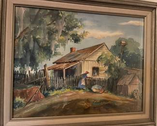 Incredible original watercolor by renowned Louisiana artist Louise Angelique Sarrazin (Louisiana, California, 1888 - 1967). Framed 22.5” x 18.5” Louise Sarazin was an artist known for her Louisiana themes. Although born in the New Orleans area in 1888, she spent some of her early years with her mother and siblings in Pascagoula, Mississippi; perhaps due to the death of her father in 1896.