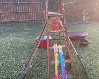 Wooden ladder and outdoor tools
