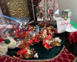 Vintage Christmas ornaments, velvet tree skirt