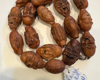 Antique Chinese 19 Carved Faces Olive Pit Nut Prayer Beads Necklace Hediao.