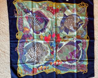 Hermes Scarf Grands Fonds Deep Sea Fish Pleated Carre 90 Silk