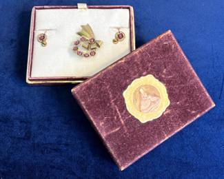 10K Gold LS Screw-On Earrings & Pin Set With Real Stones