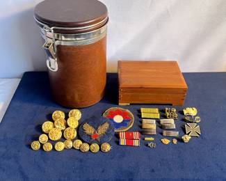 Faux Leather Bound Canister, Wooden Box & Military Uniform Buttons, Pins & Patches