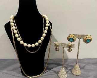 Swarovski Crystal Earrings, Sarah Chains, Faux Pearl Necklace & Screw-On Earrings
