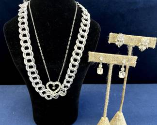 Silver-tone And Faux Diamond Necklaces, Screw-on Earrings & Flamingo Pin