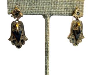 14K Gold Drop Earrings With Black Enamel Antique