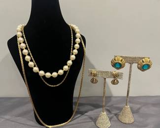 Swarovski Crystal Earrings, Sarah Chains, Faux Pearl Necklace ScrewOn Earrings