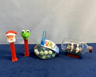 Pez Santa And Kermit The Frog Dispenser, Glass Marbles & Mini American Ship In A Bottle
