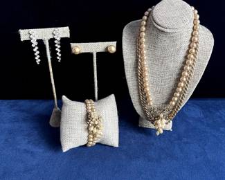 Faux Pearl And Diamond Necklace And Bracelet Set, Costume Earrings & Gold Plate Chain