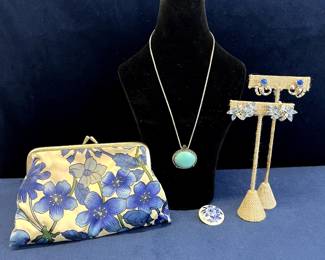 Costume Necklace, Ceramic Delft Blue And White Pin, Costume Screw-on And Clip-on Earrings & Cosmetic Bag