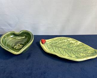 Signed A. Sook Pottery Dish With Fleur De Lis Impression & Signed A. Sook Holiday Dish