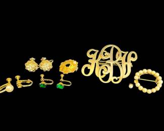 Monogram Pin, Faux Pearl Pin, Gold-Tone Faux Pearl Wreath Clip-On & Screw-On Earrings