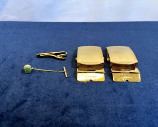 Solid Brass Buckles, Gold-tone Tie Pin And Chain & Gold Tone Speidel Tie Clip