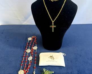 Pope John Paul II Rosary, Cross Necklace & Christmas Tree Pin