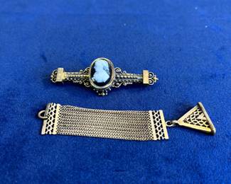 Pocket Watch Fob & Cameo Brooch Antique