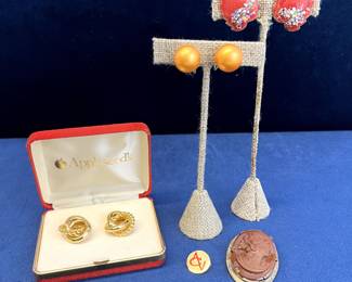 Appleseeds Love Knot Clip-ons, Faux Orange/Gold Pearl Clip-ons, Red Screw-Ons, ACV Pin & Cameo Pendant