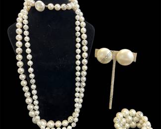 Faux Pearl Necklace, Bracelet & Screw-on Earrings