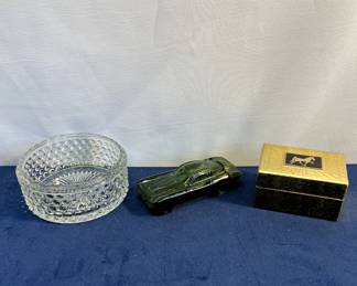 Heavy Glass Dish, Avon Green Glass Car Flask & Match Maker Matches