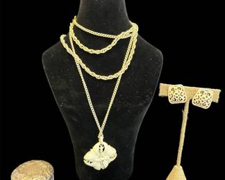 White Enameled/Painted Metal Necklaces (2) And Clip-On Earrings Set & Monogrammed Sterling Lidded Glass Box