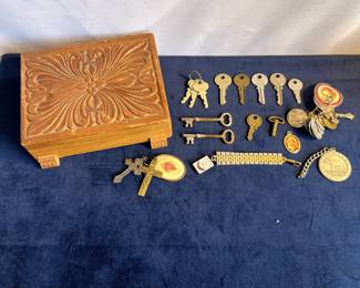 Carved Wooden Box Including Keys & Religious Medallions