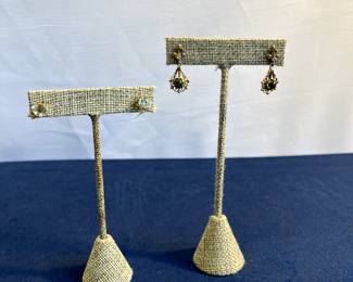 10K Gold Stud Earrings With Cut Glass & Gold-Tone Drop Earrings With Jade-Colored Bead