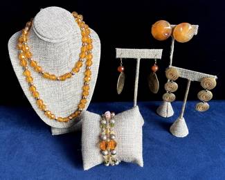 Orange Beaded Necklace, Sterling Silver Clasp Beaded Bracelet, Stud And Clasped Earrings