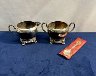 Silver Plates Creamer Saucer, Sugar Jar & Mini Spoon