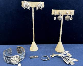Alice Screw-On Earrings, Trifari Clip-On Earrings, Screw-On Earrings, Flower Pin & Silver-Tone Bracelet