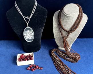 Pressed Queen Annes Lace, Necklace, Brown Beaded Necklace, &cranberry Red Beads