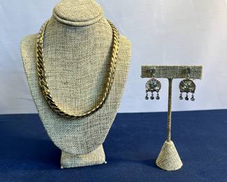 Screw-On Silver-Tone Earrings & Gold-Tone Choker With Rhinestone Clasp