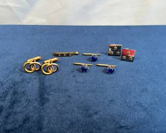 Swank Sterling Cufflinks With Fleur De Lis Design, Krementz Cufflinks, Blue Glass Tux Studs & Pin Back