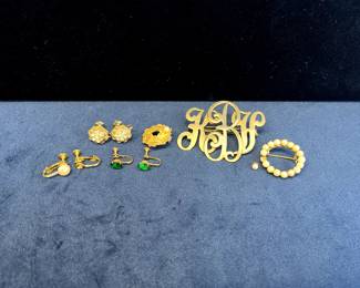 Monogram Pin, Faux Pearl Pin, Gold-Tone Faux Pearl Wreath Clip-On & Screw-On Earrings