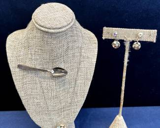 Iridescent Screw-on Earrings And Necklace Set And Silver Plate Towle Spoon Pin