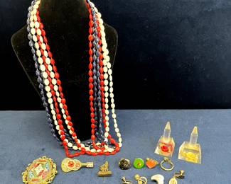 Lucite Ring Stands, Pins, Single Costume Earrings & Necklace